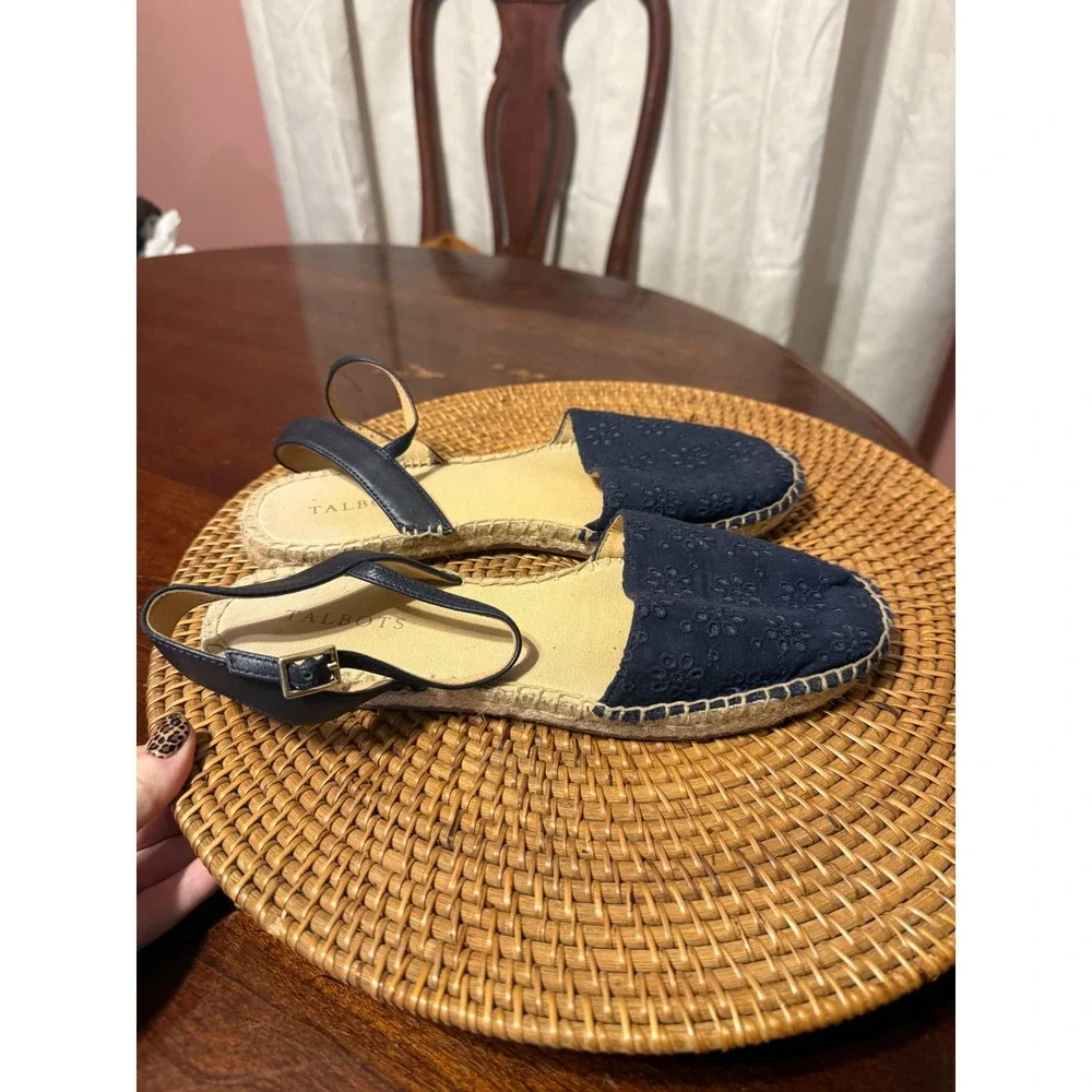 Talbots Navy Blue Eyelet Espadrille Flats Ankle Strap Shoes Womens 8